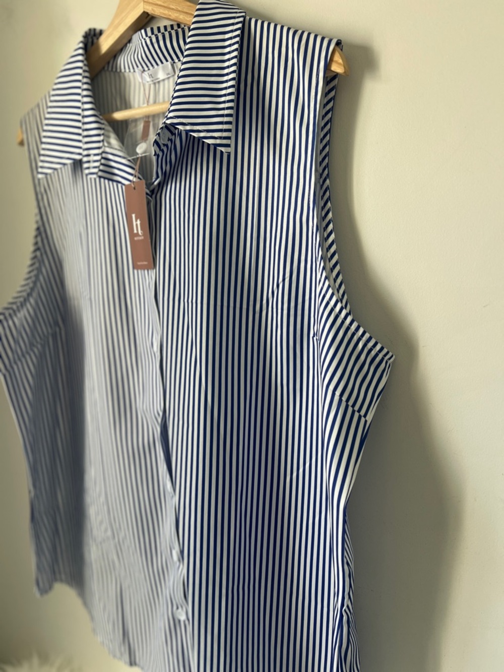 Sleeveless Blue & White Stripe Button-Down Shirt - Picture 5 of 6